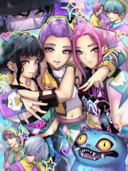  3girls 5boys abby_(kpop_demon_hunters) aqua_hair aqua_shirt arm_holster arms_around_neck baby_(kpop_demon_hunters) backwards_hat bangle bare_shoulders beanie bird black_hair black_hat black_pants black_shirt blunt_bangs bracelet braid brown_eyes cat closed_mouth collared_shirt crop_top demon_boy derpy_(kpop_demon_hunters) double_bun earrings facial_mark fangs hair_bun hair_over_eyes hat hawaiian_shirt highres jacket jewelry jinu_(kpop_demon_hunters) kpop_demon_hunters long_hair medium_hair midriff mira_(kpop_demon_hunters) multiple_boys multiple_girls mystery_(kpop_demon_hunters) necklace pants parted_bangs parted_lips pink_hair pink_sweater_vest purple_hair purple_sweater_vest ribbed_sweater ring romance_(kpop_demon_hunters) rumi_(kpop_demon_hunters) shirt short_hair shorts sidelocks single_braid slit_pupils smile sussie_(kpop_demon_hunters) sweater sweater_vest toni_caballero turtleneck twintails updo upper_body v white_shirt yellow_eyes yellow_hat yellow_jacket yellow_shirt yellow_shorts yellow_sweater zoey_(kpop_demon_hunters) 