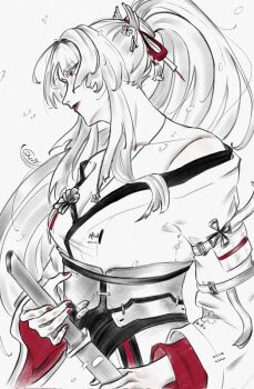  1girl bare_shoulders breasts cano_pu_s closed_mouth collarbone flower flower_necklace from_side greyscale hair_ornament highres hiyuki_(wuthering_waves) holding holding_sword holding_weapon jewelry katana medium_breasts mole mole_under_eye monochrome necklace off_shoulder ponytail red_lips red_nails red_ribbon ribbon solo spot_color sword weapon wuthering_waves 
