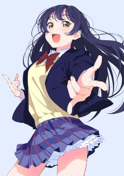 1girl :d blazer blue_hair blue_jacket blue_skirt blush bow bowtie collared_shirt commentary commission dark_blue_hair diagonal-striped_bow diagonal-striped_bowtie diagonal-striped_clothes double_m/ dress_shirt grey_background highres jacket long_hair long_sleeves looking_at_viewer love_live! love_live!_school_idol_project m/ miniskirt ninagawa_jin open_clothes open_jacket open_mouth otonokizaka_school_uniform petticoat plaid_clothes plaid_skirt pleated_skirt red_bow red_bowtie school_uniform shirt simple_background skeb_commission skirt slip_showing smile solo sonoda_umi striped_bow striped_bowtie striped_clothes sweater_vest swept_bangs teeth upper_teeth_only white_shirt winter_uniform yellow_eyes yellow_sweater_vest