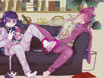  barefoot belt belt_buckle black_scarf blush book bookshelf buckle chain character_doll checkered_clothes checkered_scarf coat coat_partially_removed collarbone collared_jacket commentary_request couch crest danganronpa_(series) danganronpa_v3:_killing_harmony delidelidelic doll downturned_eyes eyes_visible_through_hair facial_hair flame_print foot_on_hand fumo_(doll) goatee grey_jacket grin hair_between_eyes hair_over_one_eye halftone halftone_background hand_on_own_crotch holding holding_doll indoors jacket living_room long_sleeves looking_at_object male_focus momota_kaito multiple_belts no_shoes oma_kokichi on_couch open_book open_clothes open_jacket open_mouth pale_skin palm_leaf pants pectorals plant potted_plant print_shirt purple_coat purple_eyes purple_hair purple_pants saihara_shuichi saliva scarf shared_handcuffs shipping_(fandom) shirt short_hair sitting smile space_print spiked_hair starry_sky_print sweat teeth telescope thigh_belt thigh_strap tight_clothes tight_shirt toenails toes two-sided_coat two-sided_fabric two-tone_scarf white_belt white_jacket white_pants white_scarf white_shirt wrist_belt yaoi 