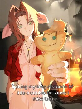  1girl aerith_gainsborough baking_my_long_distance_bf_into_a_cookie_because_i_miss_him_(meme) brown_hair choker closed_mouth commentary cookie cowboy_shot crisis_core:_final_fantasy_vii dress english_commentary english_text final_fantasy final_fantasy_vii final_fantasy_vii_remake fire food food_bite green_eyes hair_intakes hair_ribbon highres holding holding_cookie holding_food jacket kitchen long_hair looking_at_viewer luuann_k meme open_clothes open_jacket outstretched_arm parted_bangs pink_dress pink_ribbon red_jacket ribbon smile solo straight-on subtitled zack_fair 