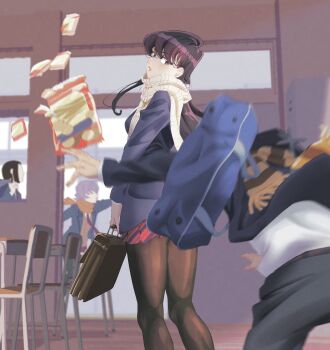  1girl 2boys bag black_hair blazer blue_jacket blurry bow bowtie briefcase brown_scarf chair classroom depth_of_field desk diagonal-striped_bow diagonal-striped_bowtie diagonal-striped_clothes diagonal-striped_skirt falling fujimoto_kouki highres itan_private_high_school_uniform jacket komi-san_wa_komyushou_desu komi_shouko long_hair looking_back motion_blur multiple_boys orange_scarf osana_najimi_(komi-san_wa_komyushou_desu) pantyhose parted_lips pleated_skirt purple_eyes purple_hair red_skirt scarf school school_bag school_briefcase school_chair school_desk school_uniform skirt striped_bow striped_bowtie striped_clothes striped_scarf striped_skirt tadano_hitohito 
