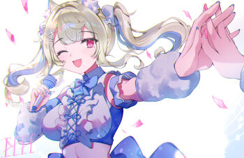  1girl 1other absurdres blonde_hair blue_hair blue_nails breasts fuwawa_abyssgard hair_ornament hairpin hieno_hiro highres holding holding_microphone hololive hololive_english large_breasts looking_at_viewer microphone multicolored_hair nail_polish one_eye_closed open_mouth pink_eyes pink_nails smile solo twintails twitter_username two-tone_hair virtual_youtuber 