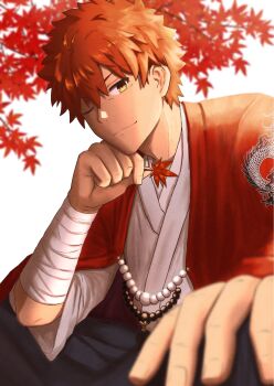  1boy bandaged_arm bandages brown_eyes collar commentary_request emiya_shirou fate/grand_order fate_(series) highres japanese_clothes kimono male_focus red_hair senji_muramasa_(fate) solo syu_99_fgo02 