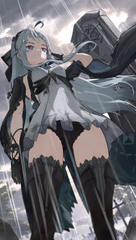 1girl absurdres ahoge arm_at_side black_bow black_gloves black_hairband black_jacket black_panties black_thighhighs blue_eyes boots bow breasts carlotta_(wuthering_waves) closed_mouth cloud cloudy_sky commentary cowboy_shot cracked_skin dress english_commentary gloves graveyard hair_bow hairband hand_in_own_hair highres jacket long_hair looking_ahead official_alternate_color outdoors panties rain ryeon_(naturesan) sidelocks sky small_breasts solo thigh_boots thighhighs thighhighs_under_boots thighs underwear white_dress white_hair wind wuthering_waves rating:Sensitive score:13 user:danbooru