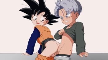  2boys anal animated black_hair clenched_teeth clothes_lift dragon_ball dragonball_z jumpsuit long_sleeves male_focus multiple_boys open_mouth orange_jumpsuit sex shirt_lift shota son_goten spiked_hair tagme teeth testicles trunks_(dragon_ball) video yaoi ybourl31 