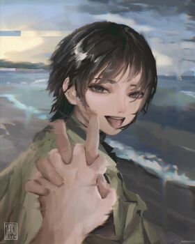  1girl 1other black_eyes black_hair chromatic_aberration cloud cloudy_sky commentary english_commentary eri_(sayonara_eri) glitch green_jacket highres holding_hands interlocked_fingers jacket ocean open_mouth pov pov_hands sayonara_eri shore short_hair signature sky smile taorotana tongue tongue_out 