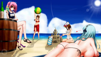  4girls ball barrel beach blue_sky bottle breasts capcom cilica circa_(monster_hunter) cloud flora_(monster_hunter) frau_(monster_hunter) monster_hunter_(series) monster_hunter_frontier multiple_girls natasha_(monster_hunter) one-piece_swimsuit pink_hair poogie rioduo_(armor) sand_castle sand_sculpture school_swimsuit sky swimsuit thong topfreedom topless_female twintails white_one-piece_swimsuit white_school_swimsuit 