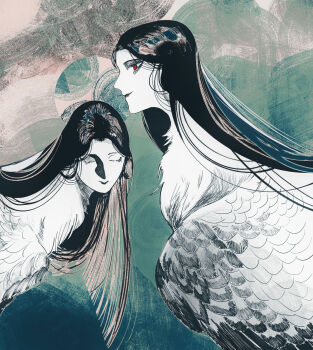  2others abstract_background absurdres androgynous closed_eyes commentary_request feathered_wings from_side hanpen_kounaien harpy highres human_head long_hair monster_girl multiple_others original parted_bangs partially_colored profile red_eyes smile traditional_harpy wings 