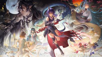  3boys 4girls absurdres aqua_hair architecture arknights asymmetrical_dual_wielding bead_bracelet beads black_boots black_hair blonde_hair blue_hair board_game boots bracelet braid braided_ponytail brown_eyes brown_hair brown_shoes calligraphy_brush ch'en_(arknights) ch'en_the_dawnstreak_(arknights) chi_xiao_(arknights) chinese_clothes chinese_commentary chongyue_(arknights) colored_extremities colored_tips commentary_request detached_sleeves dragon dragon_bean_(arknights) dragon_boy dragon_girl dragon_horns dragon_tail dual_wielding dusk_(arknights) earrings east_asian_architecture eastern_dragon eastern_dragon_horns eastern_dragon_tail fingerless_gloves full_moon gloves go_(board_game) hair_between_eyes hair_over_one_eye hanfu high_ponytail highres holding holding_calligraphy_brush holding_go_stone holding_hands holding_paintbrush holding_scroll horns jewelry jie_(arknights) lantern ling_(a_gallant_dream)_(arknights) ling_(arknights) looking_at_another looking_at_viewer moon multicolored_hair multicolored_horns multiple_boys multiple_girls nian_(arknights) official_alternate_costume orange_hair paintbrush paper_lantern pink_hair playing_chess pointy_ears ponytail purple_hair red_eyes rice_paddy ripples running scroll shoes shu_(arknights) sky_lantern sneakers streaked_hair styx_mo_yu tail tree two-tone_hair two-tone_horns wang_(arknights) white_hair xiangyun yu_(arknights) yu_(clear_morning_view)_(arknights) 