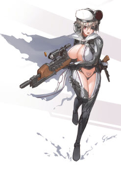  1girl areola_slip breasts cleavage female_focus full_body gun hair_between_eyes handgun hat highres holstered large_breasts pubic_tattoo revealing_clothes revolver scope simple_background solo stmast tattoo thighs weapon white_hat  rating:Questionable score:26 user:i12009972