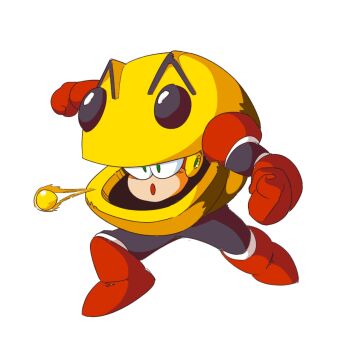  1980s_(style) 1boy boots breath_weapon full_body gloves highres karakatodzo looking_at_viewer male_focus mechanization mega_man_(classic) mega_man_(series) oldschool open_mouth pac-man pac-man_(game) parody red_boots red_gloves retro_artstyle robot solo spitting standing style_parody 