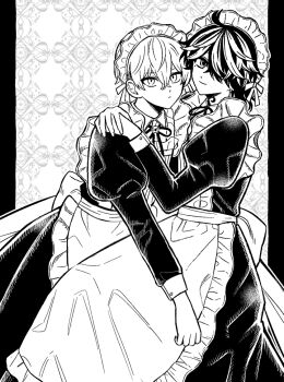  2boys alternate_costume apron bell collared_dress crossdressing crossdressing_(mtf) dress earrings frilled_apron frills greyscale hair_between_eyes hair_over_one_eye hanemiya_kazutora hug jewelry jingle_bell juliet_sleeves long_sleeves maid maid_apron maid_headdress male_focus male_maid matsuno_chifuyu mole mole_under_eye monochrome multicolored_hair multiple_boys neck_bell ocolayapap puffy_sleeves short_hair simple_background single_earring tokyo_revengers two-tone_hair wolf_cut 