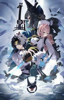  1boy 3girls absurdres ahoge animal_ear_fluff animal_ears aqua_jacket arm_up asaba_harumasa black_choker black_hair black_necktie blue_horns blue_oni blue_skin blunt_bangs breasts choker closed_mouth colored_skin commentary_request earpiece earrings fox_ears fox_girl glasses gloves hair_between_horns headband highres holding holding_behind_back holding_weapon holding_weapon_behind_back horns hoshimi_miyabi jacket jewelry large_breasts long_hair looking_at_viewer looking_back looking_to_the_side multicolored_horns multiple_girls necktie oni open_mouth parted_bangs partially_fingerless_gloves pendant_choker pink_eyes pink_hair red_eyes shirt short_hair sideways_glance skin-covered_horns snow soukaku_(zenless_zone_zero) tailless_(zenless_zone_zero) tsukishiro_yanagi two-tone_horns weapon white_hair white_shirt yellow_eyes yellow_gloves yellow_headband zenless_zone_zero zeroartwo 