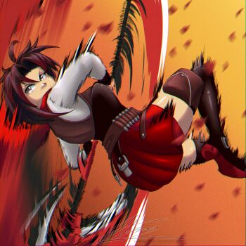  1girl ahoge ammunition_belt black_boots black_hair boots bullet clip_studio_paint_(medium) crescent_rose eyelashes grey_eyes highres holding holding_scythe holding_weapon long_sleeves medium_hair motion_blur multicolored_hair nytescar red_hair red_petals red_skirt ruby_rose rwby scythe skirt solo twitter_username two-tone_hair v-shaped_eyebrows watermark weapon web_address  rating:General score:5 user:danbooru