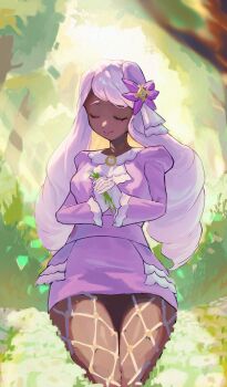  1girl absurdres ascot breasts closed_eyes closed_mouth commentary_request dark-skinned_female dark_skin dress facing_viewer fascinator fishnet_pantyhose fishnets flower frilled_ascot frills gloves grass hair_ornament highres holding jacinthe_(pokemon) juliet_sleeves long_hair long_sleeves low_drills mega_stone nintendo outdoors pantyhose pokemon pokemon_legends:_z-a puffy_sleeves purple_dress purple_hair rasoso_(wyzx4524) smile solo tree very_dark_skin white_gloves 