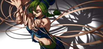  1girl arms_up braid braided_ponytail chinese_commentary closed_eyes closed_mouth commentary double_bun green_hair green_lips hair_between_eyes hair_bun highres jojo_no_kimyou_na_bouken kuujou_jolyne shadow solo stone_ocean yuan_jessie0430 