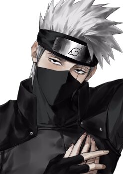  1boy 1other black_eyes forehead_protector grey_hair hand_grab hatake_kakashi highres konohagakure_symbol looking_at_viewer male_focus mask naruto:_the_last naruto_(series) scar scar_across_eye scar_on_face short_hair simple_background solo_focus sso_s white_background 