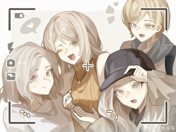  4girls absurdres ashley_graham bandaged_chest black_hat blonde_hair chinese_commentary commentary_request grace_ashcroft haobuguniao hat highres in-franchise_crossover jewelry multiple_girls necklace resident_evil resident_evil_4 resident_evil_4_(remake) resident_evil_6 resident_evil_requiem resident_evil_village rosemary_winters scarf sherry_birkin sleeveless sleeveless_turtleneck smile turtleneck upper_body viewfinder 