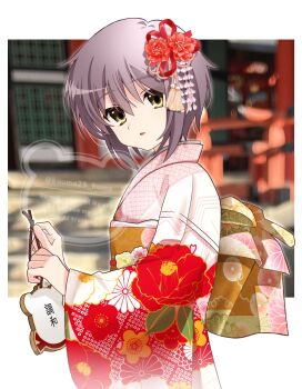  1girl blush brown_eyes ema floral_print flower hair_flower hair_ornament highres holding japanese_clothes kimono kuuma25_kuma long_sleeves looking_at_viewer nagato_yuki obi open_mouth pink_kimono print_kimono purple_hair sash short_hair solo standing suzumiya_haruhi_no_yuuutsu upper_body wide_sleeves yukata 