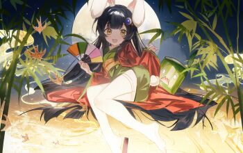  1girl :d absurdres animal_ear_fluff animal_ears axleaki bamboo black_hair blunt_bangs blush bms_of_fighters commentary_request cosplay crescent crescent_hair_ornament full_body full_moon green_kimono hair_ornament hair_spread_out hand_fan hands_up haori highres hime_cut holding holding_fan japanese_clothes kaguya_hime kaguya_hime_(cosplay) kimono long_hair long_sleeves looking_at_viewer lying moon night obi obijime on_side open_mouth original outdoors paper_fan rabbit_ears rabbit_girl rabbit_tail red_haori reflection reflective_liquid ripples sandals sash shoes short_kimono single_shoe sky smile solo tail taketori_monogatari thighhighs very_long_hair water white_thighhighs wide_sleeves yellow_eyes zettai_ryouiki zouri 