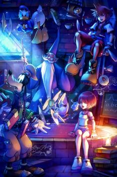  1girl armband bare_shoulders beard bird blue_eyes book book_stack brown_hair candle candlelight candlestand cup dim_lighting donald_duck facial_hair floating floating_object fork full_body goofy highres holding holding_wand hollypolllyy in-universe_location indoors jewelry kairi_(kingdom_hearts) kingdom_hearts kingdom_hearts_i levitation long_beard magic merlin_(the_sword_in_the_stone) necklace nomura_tetsuya_(style) owl plate pointy_hair purple_armband red_hair round_eyewear sora_(kingdom_hearts) sparkle spiked_hair spoon surprised table tank_top teacup very_long_beard wand white_tank_top wizard wristband 