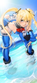  1girl absurdres ass bare_shoulders beach bent_over black_ribbon blonde_hair blue_eyes blue_one-piece_swimsuit blue_sky blue_sleeves blue_thighhighs bow bowtie breasts closed_mouth cloud collar commentary day dead_or_alive dead_or_alive_5 detached_sleeves dutch_angle finger_to_cheek frilled_collar frilled_one-piece_swimsuit frilled_thighhighs frills full_body gloves hair_ribbon hand_on_own_hip highres long_hair looking_at_viewer marie_rose marie_rose_(devilish_servant_against_the_splashing_waves) multiple_hair_ribbons ocean official_alternate_costume one-piece_swimsuit outdoors ramitto red_bow red_bowtie ribbon sky small_breasts smile solo standing sun sunlight swimsuit thighhighs twintails wading 