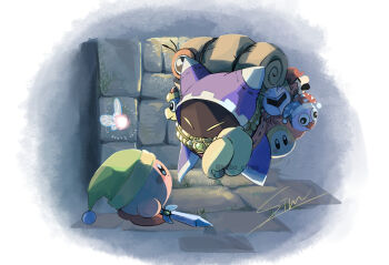  blue_eyes closed_eyes commentary_request cosplay crossover fairy gen_1_pokemon green_hat happy_mask_salesman happy_mask_salesman_(cosplay) hat holding holding_sword holding_weapon king_dedede kirby_(series) link link_(cosplay) magolor mario mario_(series) marx_(kirby) mask meta_knight nintendo no_humans own_hands_together parody pikachu signature simon_(kabo_chips) stone_floor stone_wall sword the_legend_of_zelda twitter_username waddle_dee waddle_doo weapon 