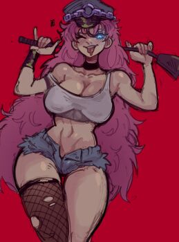  1girl absurdres arms_up black_choker black_thighhighs blue_eyes blue_shorts breasts choker cleavage commentary cowboy_shot crop_top curvy denim denim_shorts drooling final_fight fishnet_thighhighs fishnets grey_hat grey_tank_top hair_between_eyes hat highres holding holding_riding_crop large_breasts long_hair looking_at_viewer mouth_drool one_eye_closed open_mouth peaked_cap pink_hair poison_(final_fight) red_background riding_crop short_shorts shorts simple_background single_fishnet_legwear single_thighhigh smile solo tank_top thighhighs tongue tongue_out torn_clothes torn_thighhighs widisu 