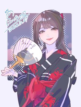  1girl 217find! absurdres animal_print animification black_kimono brown_hair cat_print closed_mouth commentary_request date_pun dated floral_print floral_print_kimono grey_eyes half_updo hanamiya_nina highres japanese_clothes kimono kirisaki_nuko lips long_hair long_sleeves looking_at_viewer mole mole_under_eye number_pun print_fan print_kimono real_life smile solo spider_lily_print voice_actor yukata 