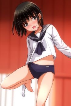  1girl :o absurdres barefoot black_hair black_sailor_collar blue_buruma blue_neckerchief blurry blurry_background blush brown_eyes buruma collarbone commentary_request feet gym highres indoors long_sleeves looking_at_viewer matsunaga_kouyou midriff_peek navel neckerchief open_mouth original sailor_collar school_uniform shirt short_hair socks solo standing standing_on_one_leg toes white_shirt white_socks 