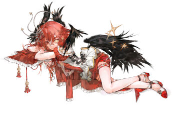  1girl absurdres baifeidaiwang black_wings closed_mouth crossed_bangs dress feathered_wings frills full_body hair_between_eyes hair_ornament head_wings heterochromia highres leaning long_hair low_wings multicolored_hair original puffy_short_sleeves puffy_sleeves red_eyes red_hair red_shoes sample_watermark shoes short_sleeves sidelocks solo star_(symbol) star_in_eye streaked_hair symbol_in_eye watermark wings 