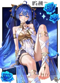  1girl absurdres ahoge ancient_greek_clothes armlet bare_shoulders barefoot black_skirt blue_eyes blue_flower blue_hair blue_rose breasts cleavage closed_mouth clothes_between_thighs commentary feet flower foot_out_of_frame gold_bra greco-roman_clothes hair_belt hand_up highres index_finger_raised iuno_(wuthering_waves) jewelry laurel_crown leg_wrap light_blush logo long_hair looking_at_viewer lsh1ne medium_breasts miniskirt nail_polish pink_nails rose sitting skirt smile solo tacet_mark_(wuthering_waves) thighs toe_ring toenail_polish toenails toes twintails vambraces wuthering_waves 