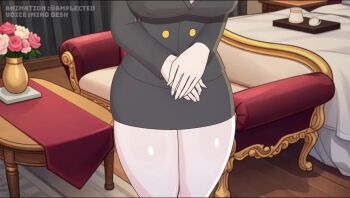  1boy 1girl all_fours amplected animated anus ass bent_over bouncing_ass bouncing_breasts breasts cleavage closed_eyes covered_erect_nipples cum cum_in_pussy doggystyle ejaculation formal_clothes gradient_hair huge_ass implied_kiss large_breasts large_penis leaning_forward miko_desh_(voice_actor) moaning monocle multicolored_hair navel nipples no_bra nude office_lady orgasm original penis pulling_own_clothes red_hair sex sex_from_behind smile spanking teasing thong vaginal video wardrobe_malfunction wedgie 