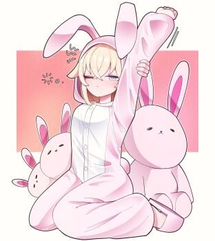  1girl absurdres animal_costume animal_ears animal_hood arm_up blonde_hair blue_eyes commentary_request commission fake_animal_ears full_body hh highres hood hood_up korean_commentary long_sleeves looking_at_viewer one_eye_closed onesie original pink_slippers rabbit_costume rabbit_ears rabbit_hood sitting sleepy slippers solo squeans stretching stuffed_animal stuffed_rabbit stuffed_toy wariza 