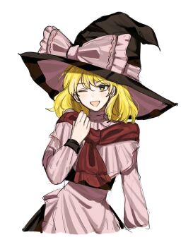  1girl apron black_skirt black_vest blonde_hair bow commentary_request hat hat_bow highres kirisame_marisa long_hair long_sleeves looking_at_viewer mati100311 one_eye_closed open_mouth perfect_cherry_blossom red_scarf scarf simple_background skirt smile solo touhou vest waist_apron white_apron white_background white_bow witch_hat 