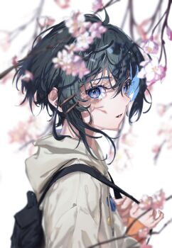  1girl absurdres black_bag black_hair blue_eyes blue_hair blurry colored_inner_hair commentary depth_of_field flower from_side grey_hoodie hanozuku highres holding_strap hood hoodie looking_at_viewer medium_hair multicolored_hair open_mouth original pink_flower sideways_glance solo upper_body  rating:General score:2 user:danbooru