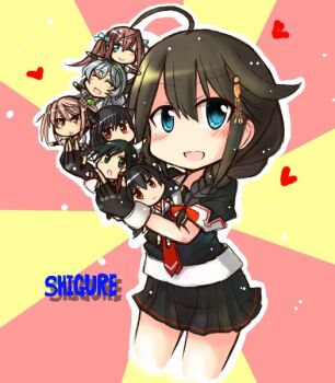  6+girls ahoge asagumo_(kancolle) black_gloves black_hair black_serafuku black_skirt blue_eyes braid commentary_request cowboy_shot fingerless_gloves fusou_(kancolle) gloves hair_flaps hair_over_shoulder kamashi kantai_collection looking_at_viewer macedonian_flag michishio_(kancolle) mini_person minigirl mogami_(kancolle) multiple_girls neckerchief one-hour_drawing_challenge open_mouth pleated_skirt red_neckerchief remodel_(kantai_collection) school_uniform serafuku shigure_(kancolle) single_braid skirt smile solo_focus sunburst yamagumo_(kancolle) yamashiro_(kancolle) 