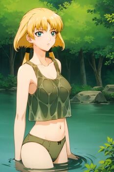 1girl blonde_hair blue_eyes blue_gender breasts colored_skin covered_erect_nipples crop_top forest green_panties green_tank_top large_breasts legs marlene_angel military nature navel outdoors pale_skin panties shirt short_twintails tank_top thighs twintails underwear water wet wet_clothes wet_shirt white_skin
