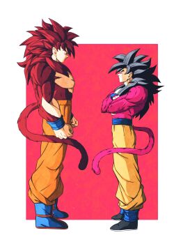  2boys black_hair blue_boots body_fur boots border dragon_ball dragon_ball_daima dragon_ball_gt from_side full_body highres in-franchise_crossover kenran_dokkan long_hair monkey_tail multiple_boys muscular muscular_male orange_pants pants pink_fur pink_tail profile red_eyes red_fur red_hair red_tail son_goku spiked_hair super_saiyan super_saiyan_4 tail topless_male white_border yellow_eyes yellow_pants 