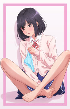  1girl akippoi_0919 aqua_panties bare_legs barefoot black_hair blue_skirt bob_cut bow bow_panties cardigan collared_shirt commentary_request dorsiflexion feet foot_focus full_body highres holding holding_panties holding_underwear holding_unworn_clothes indian_style large_variant_set long_sleeves miniskirt neck_ribbon open_mouth original panties picot_trim_panties pink_background pink_cardigan pleated_skirt polka_dot polka_dot_panties presenting_removed_panties red_ribbon ribbon school_uniform shirt short_hair simple_background sitting skirt solo toes underwear variant_set white_shirt wing_collar 