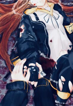  2girls armband black_gloves black_jacket black_pantyhose blood blood_on_face brown_hair fingerless_gloves girls'_frontline gloves gun h&amp;k_ump highres holding_hands hood injury jacket long_hair lying multiple_girls neck_ribbon on_back open_clothes open_jacket out_of_frame pantyhose pov pov_hands ribbon scar scar_across_eye scar_on_face shirt smile solo_focus submachine_gun todoroki_mushi torn_clothes torn_shirt ump45_(girls'_frontline) ump9_(girls'_frontline) water weapon white_shirt yellow_armband 