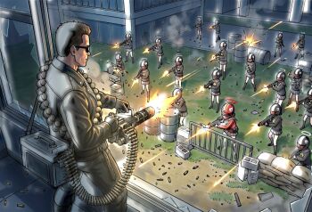 1boy 40x46mm_lv 6+girls 7.62x51mm_nato ammunition ammunition_backpack ammunition_belt ammunition_box arnold_schwarzenegger assault_rifle bandolier barrel belt blue_archive broken_window brown_hair cinder_block commentary_request explosive firing fully_powered_cartridge gatling_gun grenade grenade_cartridge gun halo helmet_gang_officer_(blue_archive) helmet_gangster_(blue_archive) holding holding_gun holding_weapon humanoid_robot jacket kisaragi_shokuin large-caliber_cartridge leather leather_jacket m134_minigun machine_gun medium_machine_gun minigun multiple_girls parody rifle rifle_cartridge robot rotary_machine_gun sandbag scene_reference shell_casing short_hair sunglasses t-800 terminator_(series) terminator_2:_judgment_day weapon