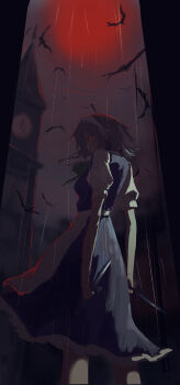  1girl absurdres apron bat_(animal) braid clock clock_tower commentary dual_wielding english_commentary grey_hair highres holding holding_knife izayoi_sakuya knife long_hair looking_at_viewer maid_headdress moon puffy_short_sleeves puffy_sleeves red_eyes red_moon short_sleeves solo touhou tower umbrella3650 waist_apron 