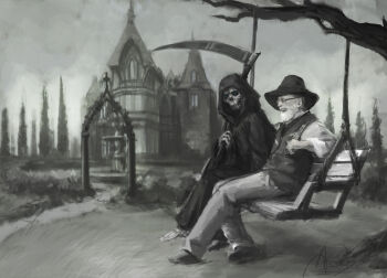  2boys abend86 absurdres arch beard death_(discworld) death_(entity) discworld facial_hair grey_background greyscale highres holding holding_scythe mansion monochrome multiple_boys on_swing patio_chair scenery scythe sitting swing terry_pratchett wide_brim 