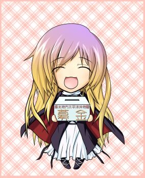  1girl 2011_tohoku_earthquake_and_tsunami blonde_hair box breasts closed_eyes donation_box dress gradient_hair hijiri_byakuren layered_dress long_hair multicolored_hair purple_hair simple_background touhou 