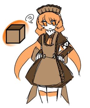  1girl anger_vein apron armband ascot brown_apron brown_dress cardboard cardboard_clothes closed_mouth commentary cowboy_shot danbooru-tan danbooru_(site) dress english_commentary hair_between_eyes jpeg_artifacts juliet_sleeves logo long_hair long_sleeves looking_down maid maid_headdress niconico official_alternate_design orange_ascot orange_eyes orange_hair orange_thighhighs puffy_long_sleeves puffy_sleeves shibidayo simple_background single_horizontal_stripe solo spoken_anger_vein tape terebi-chan thighhighs twintails very_long_hair wavy_mouth white_armband white_background white_thighhighs 