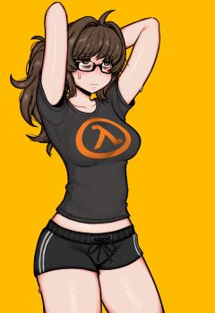  1girl aki_(snale) breasts curvy half-life_(series) highres lambda_symbol messy_hair neet ponytail snale thick_thighs thighs 