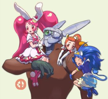  1boy 3girls appleseed arisugawa_himari arm_hug blue_hair briareos_hecatonchires character_request closed_mouth cure_custard cure_gelato cure_whip cyborg dress gloves itsuzuki_kanau kirakira_precure_a_la_mode long_hair multiple_girls open_mouth precure simple_background skirt smile tategami_aoi usami_ichika white_background 