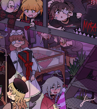 6+girls ahoge akagi_miria aketa_mikoto band_shirt beret birthday_cake black_choker black_hat black_nails black_shirt blonde_hair blue_eyes box bracelet brown_hair cake cellphone cellphone_photo checkered_floor child choker clothes_hanger clothes_rack cropped display_case double_v dress eyepatch faceless faceless_female fang fingernails fishnet_pantyhose fishnets food gift gift_box gothic_lolita green_eyes grey_hair hands_in_pockets happy_birthday hat highres holding holding_phone hood hood_down hoodie hoshi_syoko idolmaster idolmaster_cinderella_girls idolmaster_shiny_colors ikaruga_luca indoors jennie_congee jewelry jougasaki_rika lolita_fashion long_sleeves lying merchandise morikubo_nono multiple_girls nail_polish on_stomach open_mouth pantyhose party_hat phone print_shirt red_hoodie ring sakuma_mayu shirasaka_koume shirt shop short_sleeves smartphone stairs standing sweatdrop sweet_lolita taking_picture unworn_clothes v white_dress yellow_eyes